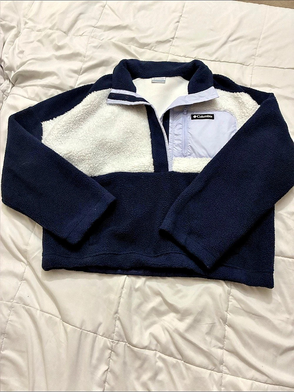 Columbia Girl’s Helvetia II Cropped Half Snap Fleece Pullover Blue white and lav - Picture 1 of 5